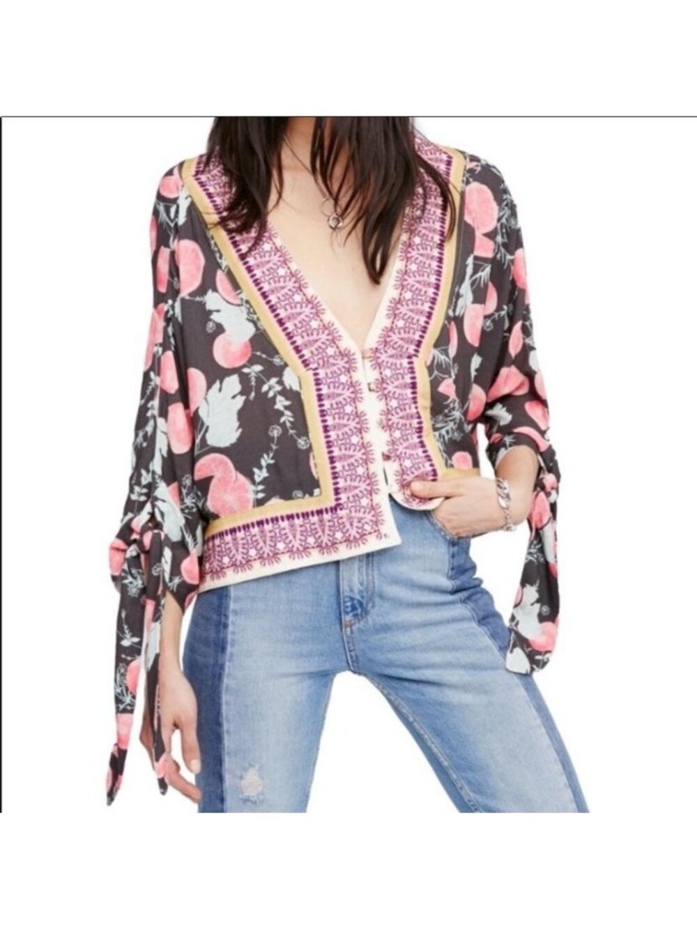 Free People Boho Freshly Squeezed Citrus Tie Sleeve Top Size Medium